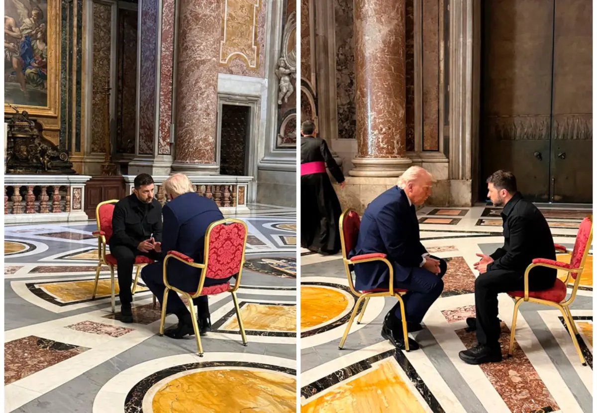 ▲美國總統川普（Donald Trump）今（26）日出席天主教教宗方濟各（Pope Francis）的喪禮，並在喪禮前與烏克蘭總統澤倫斯基密談，兩人坐在椅子上面對面超近距離溝通。川普事後發文批俄羅斯總統蒲亭「也許不想停止戰爭」，揚言考慮加大對俄制裁。（合成圖／美聯社／達志影像）