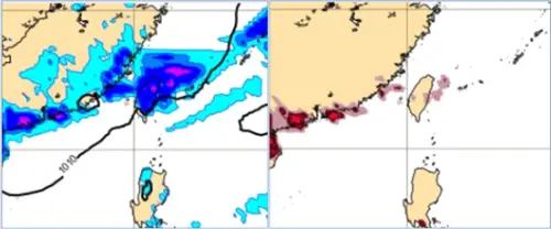 明天有另一道鋒面移入,中部以北、東半部要注意大雨(右圖),鋒面也將伴隨閃電(左圖),但頻率偏低。(圖/「三立準氣象.老大洩天機」) ▲明天有另一道鋒面移入,中部以北、東半部要注意大雨(右圖),鋒面也將伴隨閃電(左圖),但頻率偏低。(圖/「三立準氣象.老大洩天機」)