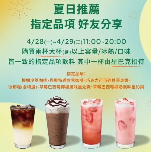 ▲星巴克買一送一連續兩天登場。(圖/業者提供) ▲星巴克買一送一連續兩天登場。(圖/業者提供)