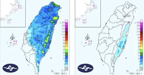 ▲週一白天（左）鋒面通過，全台水氣較多，北台灣雨勢明顯，週一晚上（右）才慢慢趨緩。（圖／中央氣象署）