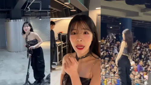 ▲李多慧在借到衣服後台騎著滑板車趕到應援舞台。（圖／Threads @le_dahye）