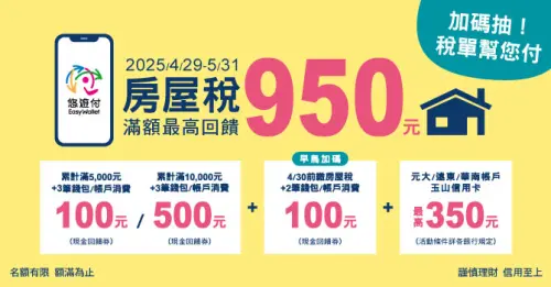 ▲以悠遊付繳納房屋稅，除了有機會獲得最高950回饋，還能加碼抽「稅單幫您付」。（圖／悠遊付提供）