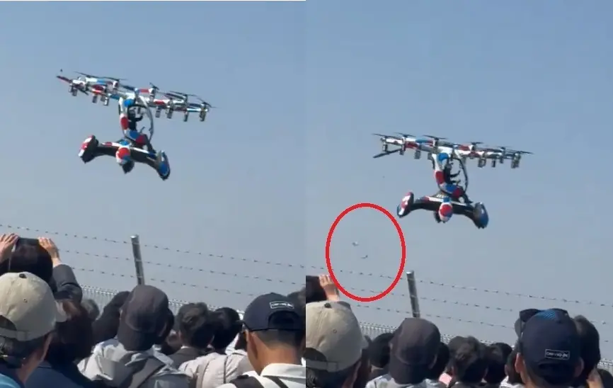 ▲大阪世博空中飛行車在26日展示飛行時突然噴裝，掉落2塊零件。（圖／翻攝自@odi_odisan_Ｘ）