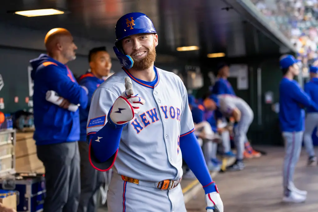 ▲大都會32歲外野手Brandon Nimmo單場6打數4安打、包含雙響砲、灌進9分打點，成為繼2024年大谷翔平後第一位單場9打點好手，且9分全部集中在六到八局的3個打席間，創下近23年來首見紀錄。（圖／美聯社／達志影像）