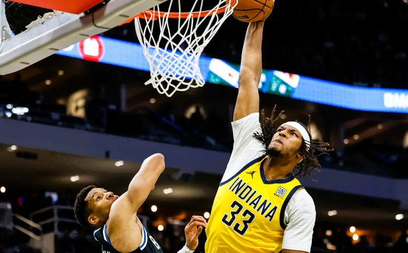 ▲Myles Turner灌籃震撼全場。（圖／美聯社／達志影像）