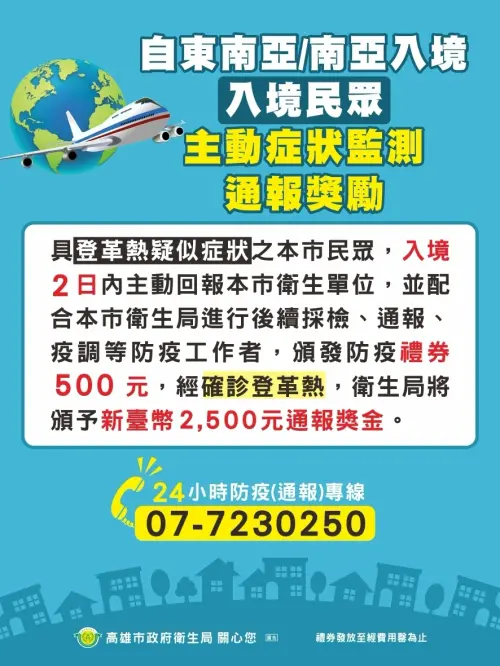 ▲高雄市民旅遊返國若有登革熱疑似症狀，入境2日內主動回報，並配合後續採檢、通報、疫調等防疫工作，將獲發防疫禮券500元，若確診登革熱，則可獲2,500元通報獎金。（圖／高雄市衛生局）