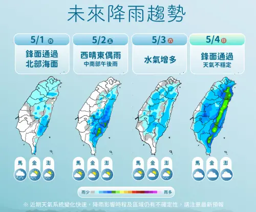 ▲週四有鋒面通過從台灣北部的海面通過，週末鋒面直接影響台灣，各地降雨明顯。（圖／中央氣象署）