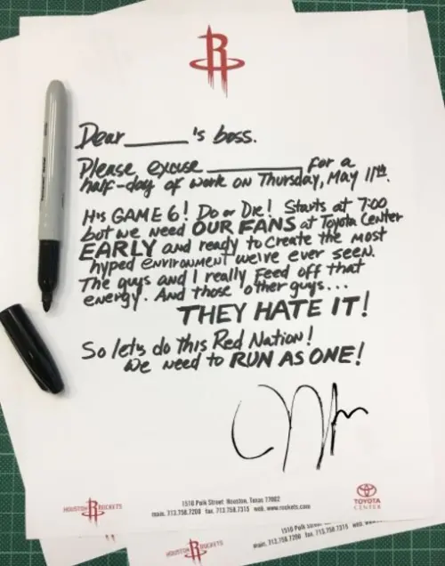 ▲2017年，當時Harden在面對馬刺的系列賽天王山戰失利後，在火箭隊的官方Instagram寫下了一封「請假信」，希望球迷在G6到主場「豐田中心」應援。（圖／美聯社／達志影像）