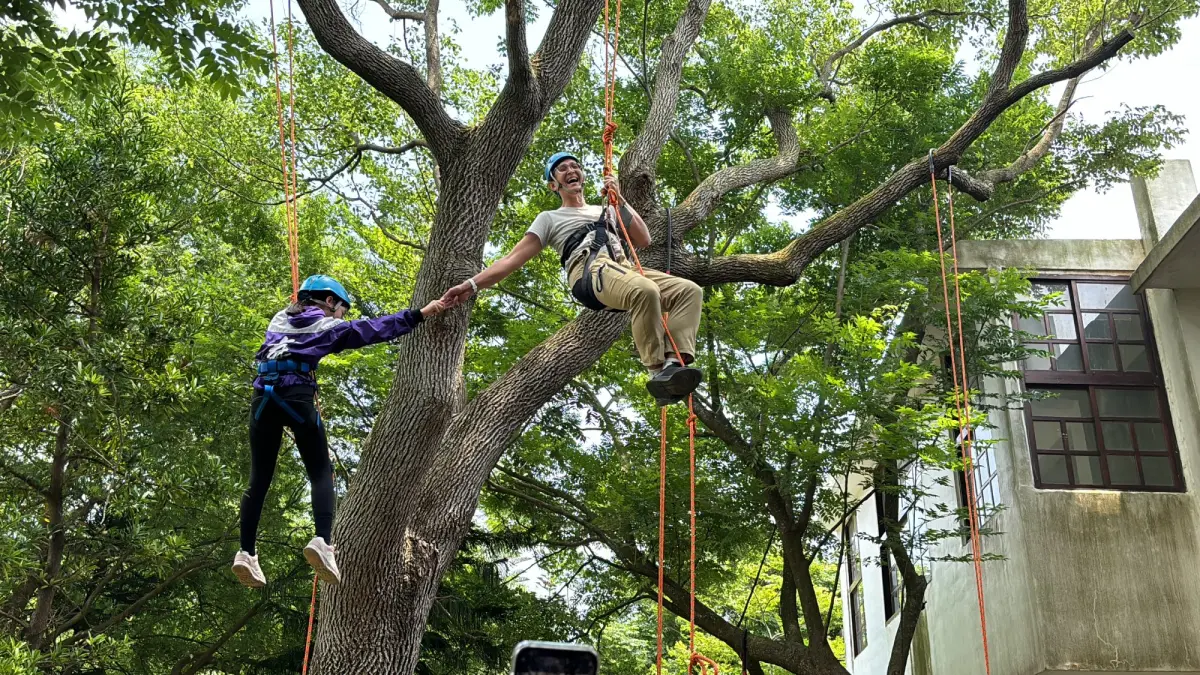 ▲攀樹體驗中，雙手雙腳併用，終於攀上近三層樓高的大樹時，才得以看見社區風景、感受風在耳畔吹拂。（圖／信義房屋提供）