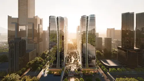 ▲亞灣特貿三北基地_成功二路側往總圖視角模擬示意。(圖/高市府都發局提供) ▲亞灣特貿三北基地_成功二路側往總圖視角模擬示意。(圖/高市府都發局提供)