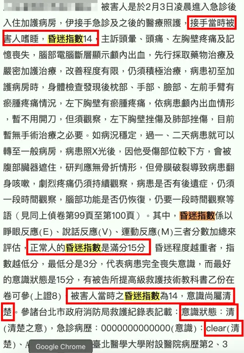 ▲Makiyo判決書中表明,被害人林姓司機送醫時昏迷指數為14,且台北市政府消防局救護紀錄表記載林男在救護車上,意識狀態清楚且激動。(圖/翻攝自私法院判決書系統網站) ▲Makiyo判決書中表明,被害人林姓司機送醫時昏迷指數為14,且台北市政府消防局救護紀錄表記載林男在救護車上,意識狀態清楚且激動。(圖/翻攝自私法院判決書系統網站)