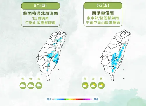 週五是天氣的降雨空檔,各地大多維持多雲到晴,只有東半部有不定時局部短暫陣雨。(圖/中央氣象署) ▲週五是天氣的降雨空檔,各地大多維持多雲到晴,只有東半部有不定時局部短暫陣雨。(圖/中央氣象署)