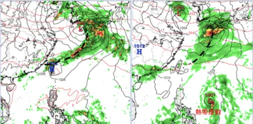 ▲最新歐洲模式，下週二鋒面伴隨降雨抵達台灣。同時美國模式模擬圖則顯示，因有「熱帶擾動」靠近，鋒面結構遭到破壞。（圖／翻攝氣象應用推廣基金會）