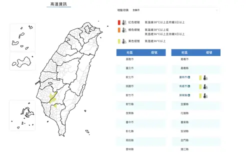 中央氣象署今稍早針對「臺南市、高雄市、屏東縣」發布「高溫資訊」。(圖/翻攝官網) ▲中央氣象署今稍早針對「臺南市、高雄市、屏東縣」發布「高溫資訊」。(圖/翻攝官網)
