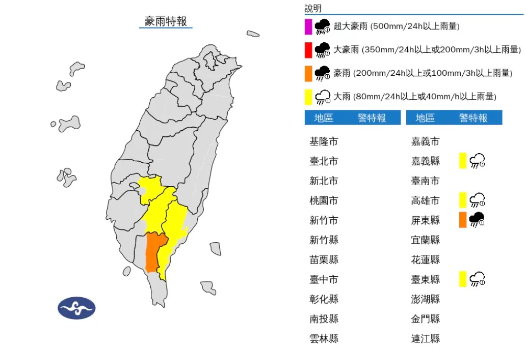 ▲今（3）日屏東縣山區有局部大雨或豪雨，嘉義至高雄、臺東山區有局部大雨發生的機率。（圖／中央氣象署提供）