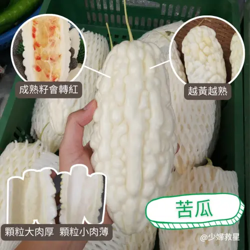 購買苦瓜時,要挑表面光滑、顆粒大、且顏色較白的,若苦瓜太熟,籽會變成紅色。(圖/廖炯程提供) ▲購買苦瓜時,要挑表面光滑、顆粒大、且顏色較白的,若苦瓜太熟,籽會變成紅色。(圖/廖炯程提供)