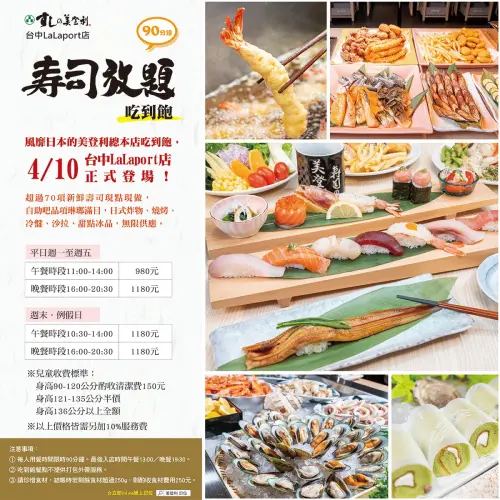 ▲美登利壽司台中Laport分店轉變成吃到飽，瞬間吸引眾多老饕目光。（圖／日本美登利壽司（台灣）臉書）
