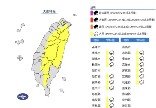 中午過後隨著「熱力作用」發酵,各地迎接午後雷陣雨,中央氣象署也已經針對14縣市發布「大雨特報」。(圖/中央氣象署) ▲中午過後隨著「熱力作用」發酵,各地迎接午後雷陣雨,中央氣象署也已經針對14縣市發布「大雨特報」。(圖/中央氣象署)