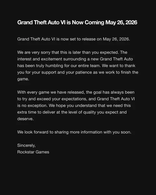 《GTA 6》上市日期,將從原先的2025秋季,延期至2026年5月26日。(圖/Rockstar Games社群) ▲《GTA 6》上市日期,將從原先的2025秋季,延期至2026年5月26日。(圖/Rockstar Games社群)