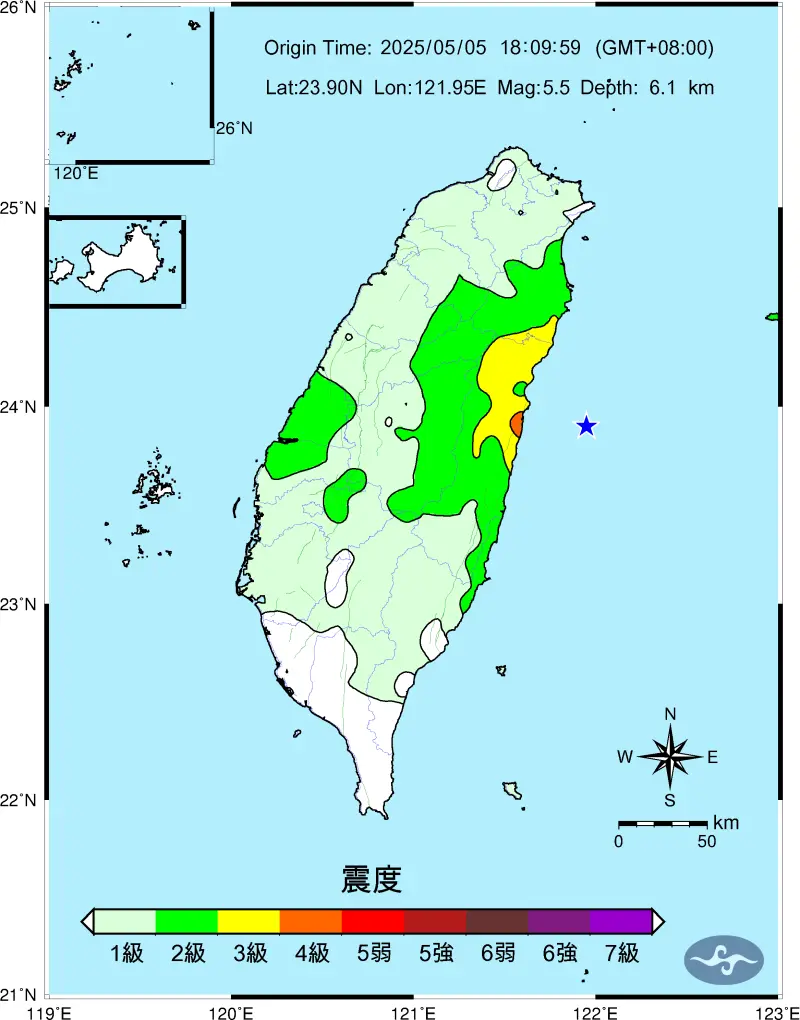 ▲花蓮外海今（5）日18時9分發生芮氏規模5.5地震，鹽寮最大震度4級。（圖／中央氣象署）