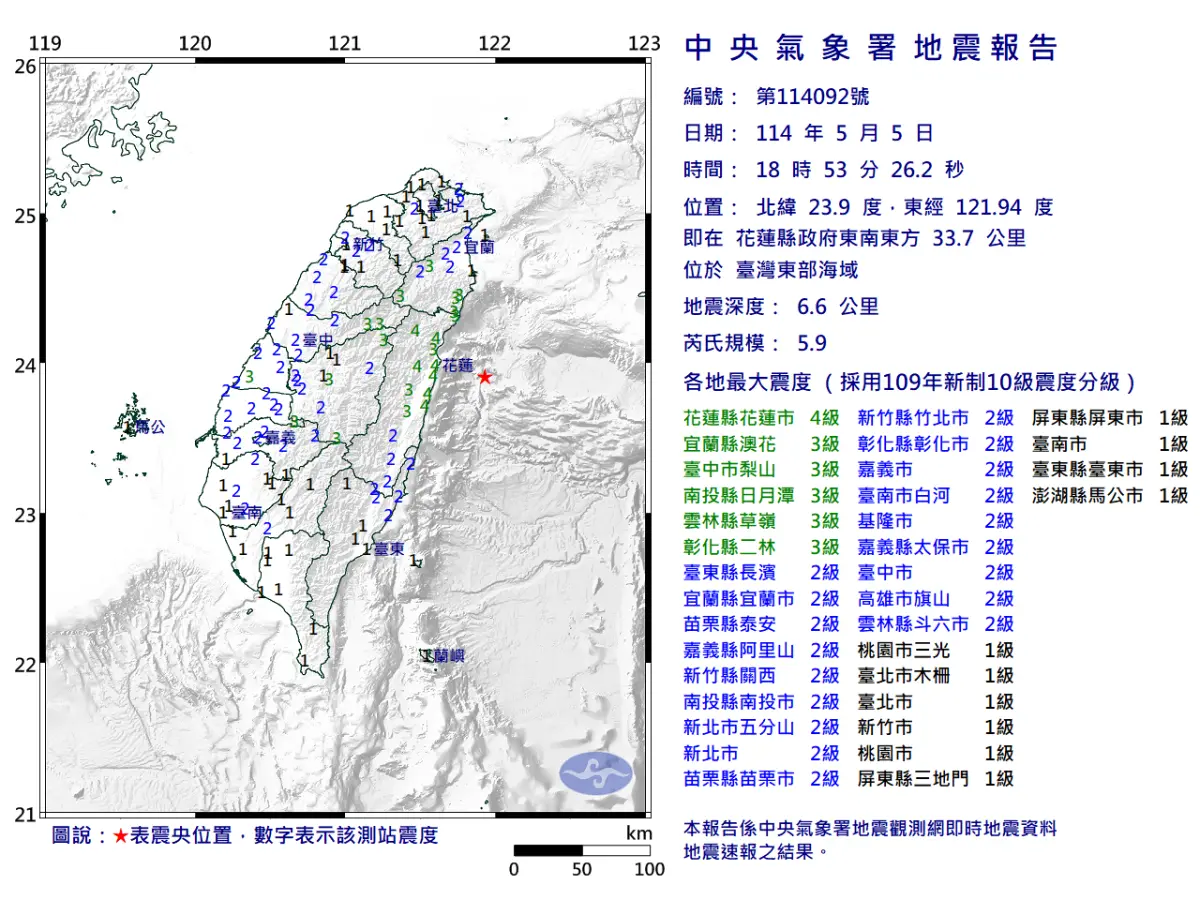 ▲今（5）日18:53左右花蓮地區發生有感地震。（圖／中央氣象署）