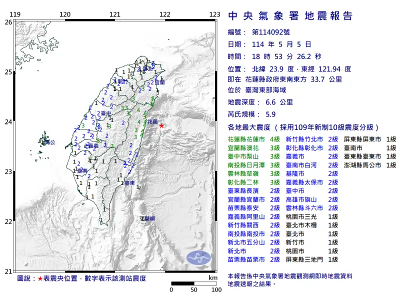 ▲今（5）日18:53左右花蓮地區發生有感地震。（圖／中央氣象署）