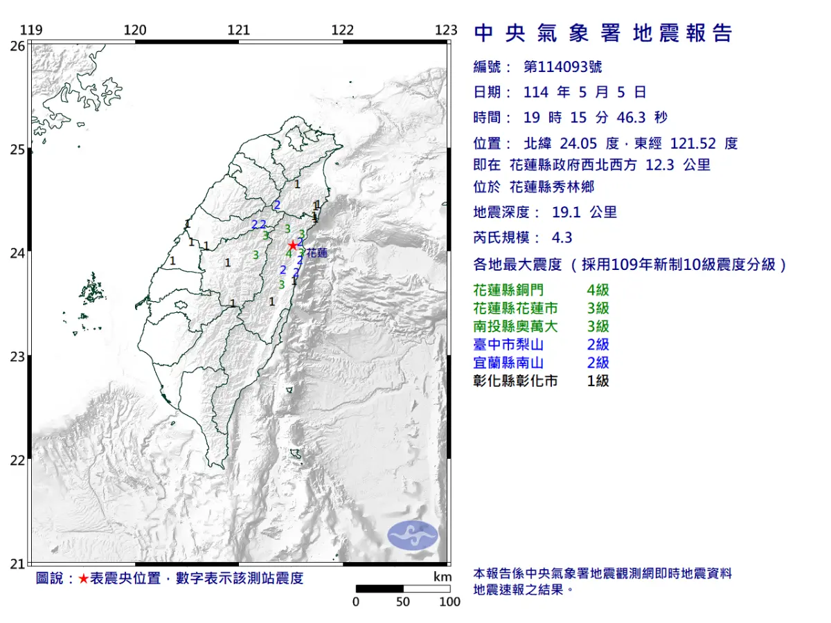 ▲據中央氣象署地震測報中心資料，今（5）日晚間7時15分花蓮縣秀林鄉又發生芮氏規模4.3地震。（圖／中央氣象署）