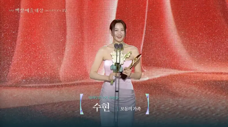 ▲第61屆百想藝術大賞電影「最佳男配角」的得獎者為《幸福國度》劉宰明；「最佳女配角」的得獎者為第一次拍韓國電影《非普通家族》的秀賢（金秀賢，如圖）。