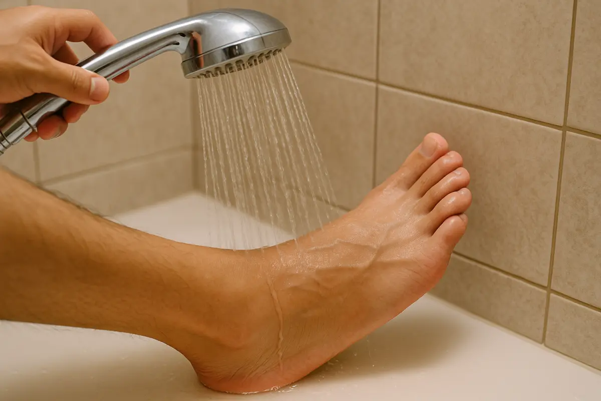 ▲一名患者洗熱水澡時，發現用熱水沖腳竟毫無感覺，並出現左側手腳無力、走路腿軟等症狀，確診是少見的急性脊髓病變「布朗─斯奎爾德症候群」。（示意圖／AI生成）