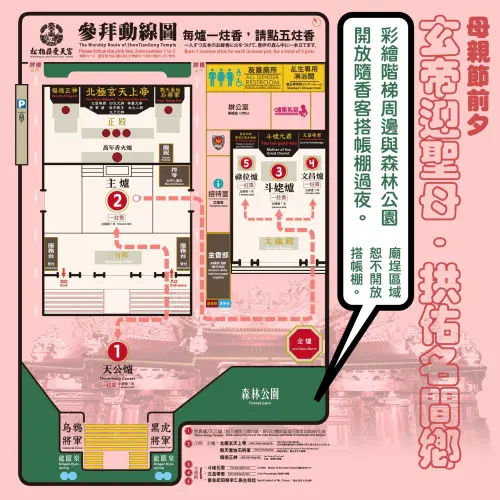 ▲松柏嶺受天宮目前香客大樓已額滿，本宮開放彩繪階梯周邊與森林公園區域搭帳棚夜宿。（圖／FB@松柏嶺受天宮）