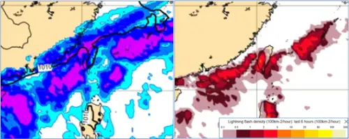 ▲歐洲模式(ECMWF)顯示,星期天母親節各地有局部陣雨或雷雨,有較大雨勢(左圖),台灣附近閃電發生的頻率高(右圖)。(圖/洩天機教室專欄) ▲歐洲模式(ECMWF)顯示,星期天母親節各地有局部陣雨或雷雨,有較大雨勢(左圖),台灣附近閃電發生的頻率高(右圖)。(圖/洩天機教室專欄)