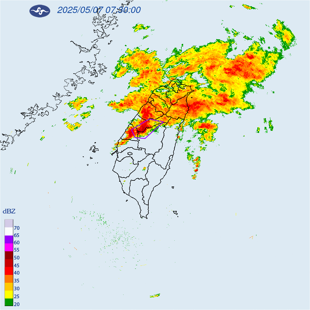 ▲中央氣象署今（7）8時03分針對臺中市、苗栗縣、南投縣、彰化縣4縣市發布大雷雨特報，要慎防驟雨、雷擊及淹水。（圖／中央氣象署提供）