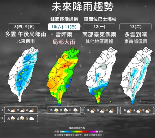 ▲本週末（5/10至5/11）還會再有一波鋒面掃過，週六、週日全台有雨。（圖／中央氣象署提供）