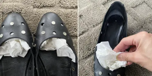 ▲陳映如建議鞋子濕掉後，先將鞋面多餘水分擦乾，再將紙巾或報紙塞滿鞋內，盡量塞滿才能維持鞋型，避免變形，此外，濕透的紙巾要隨時更換，讓鞋子持續保持乾爽。（圖／翻攝陳映如臉書）