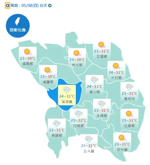 ▲5月8日彰化縣白天天氣。（圖／中央氣象署）
