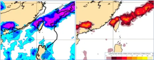 ▲週六(10日)8時地面氣壓及降水模擬圖顯示，鋒面南下，天氣轉變，有較大雨勢（圖左）；同時間台灣附近閃電發生的頻率高（圖右）。（圖／取自「洩天機教室」）