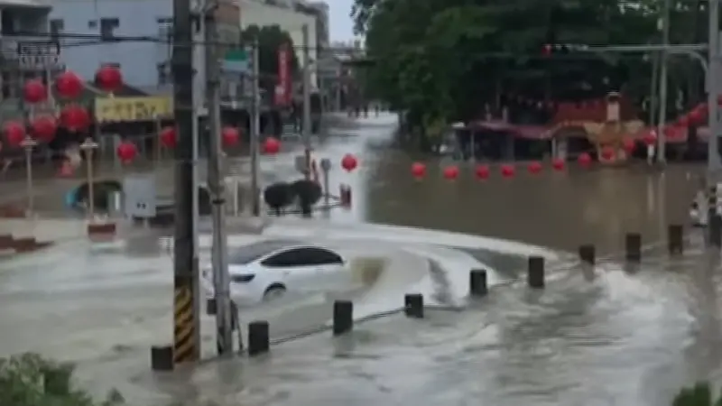 ▲去年7月凱米颱風來襲，高雄一輛特斯拉Model 3，在淹水道路上「泛舟」影片引發討論，甚至紅到國外去。（圖／翻攝Threads）