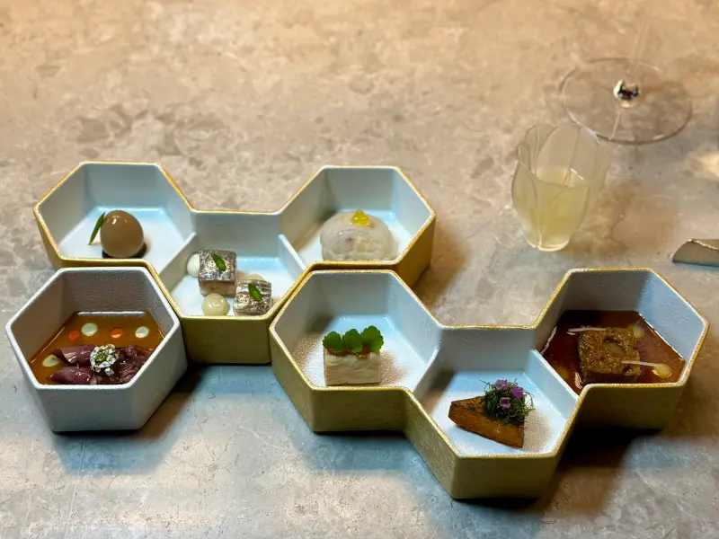 ▲麗晶精品商場創新全台推出移動式餐飲體驗「美食獵遊Restaurant Safari」，顧客可於一頓晚餐的時間裡，連續造訪Circum-、Golden、COAST、以及Bar Impromptu共四間餐廳，圖為米其林一星殊榮的Circum-之前菜。（圖／記者葉盛耀攝）