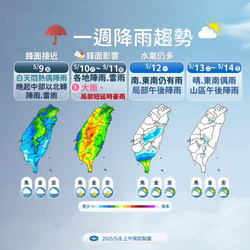 ▲今日晚起鋒面接近，中部以北地區及澎湖轉為有局部短暫陣雨或雷雨。（圖／中央氣象署提供）