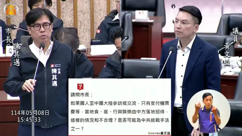 ▲黃文益舉出高雄某國中暑假擬赴北京比賽一案，行程僅支付機票，其他全由中方免費接待，陳其邁回應，若涉及對價或違反反滲透法，治安機關都應嚴厲查察。（圖／市議員黃文益提供）