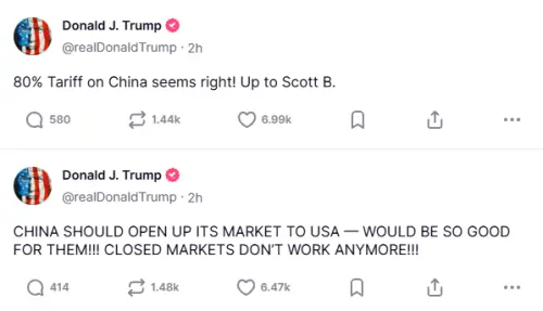 ▲美國總統川普9日在Truth Social連發兩則短文，表示對中國課徵80%關稅很合理。（圖／翻攝自川普Truth Social）