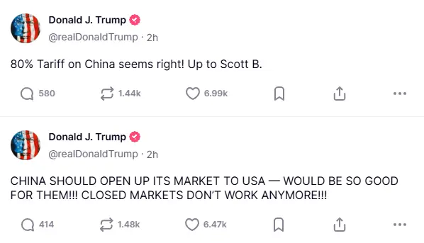 ▲美國總統川普9日在Truth Social連發兩則短文，表示對中國課徵80%關稅很合理。（圖／翻攝自川普Truth Social）