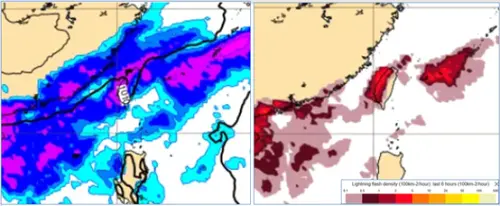 ▲母親節8時地面氣壓及降水模擬圖顯示，鋒面籠罩，各地明顯降雨（圖左）；同天8時閃電密度模擬圖顯示，台灣附近閃電發生的頻率高。（圖／取自「洩天機教室」）