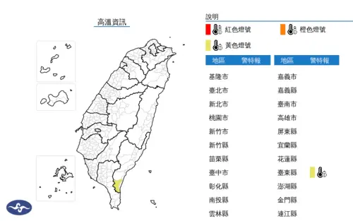 西南風沉降影響,臺東縣已有焚風發生,今(10)日臺東縣為黃色燈號,請注意。(圖/翻攝自中央氣象署) ▲西南風沉降影響,臺東縣已有焚風發生,今(10)日臺東縣為黃色燈號,請注意。(圖/翻攝自中央氣象署)