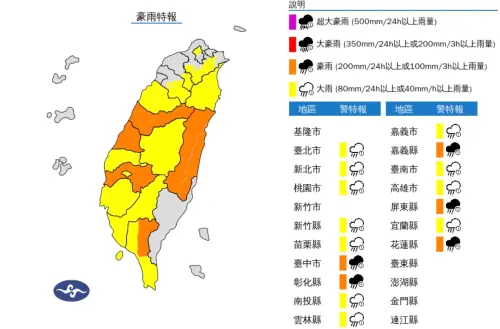 今(10)日臺中市、彰化縣、嘉義縣、花蓮縣地區及屏東縣山區有局部大雨或豪雨發生的機率 ▲今(10)日臺中市、彰化縣、嘉義縣、花蓮縣地區及屏東縣山區有局部大雨或豪雨發生的機率