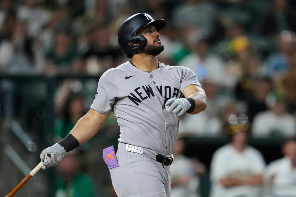 ▲22歲「火星人」Jasson Dominguez是洋基年輕世代打者，今日成為隊史最年輕三響砲打者，幫助球隊以10：2擊敗運動家。（圖／美聯社／達志影像）