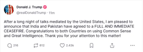 ▲美國總統川普10日在Truth Social發文，宣布印度、巴基斯坦同意立即全面停火。（圖／翻攝自川普Truth Social）