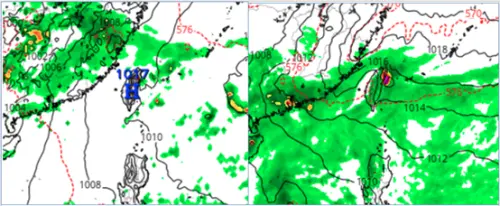 下波鋒面預估下週三開始影響,歐洲模式(左)和美國模式(右)預測略有不同。(圖/「三立準氣象.老大洩天機」) ▲下波鋒面預估下週三開始影響,歐洲模式(左)和美國模式(右)預測略有不同。(圖/「三立準氣象.老大洩天機」)