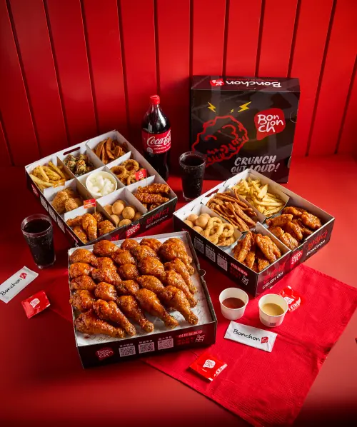 金豬食堂「免排隊金卡」爽訂位!5/13開幕「4人套餐免費」優惠曝 ▲「Bonchon本村韓式炸雞」推出三大派對組合外帶外送。(圖/Bonchon本村炸雞提供)