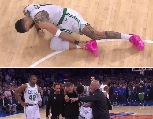 ▲Jayson Tatum疑似嚴重腳踝扭傷。（圖／美聯社／達志影像）